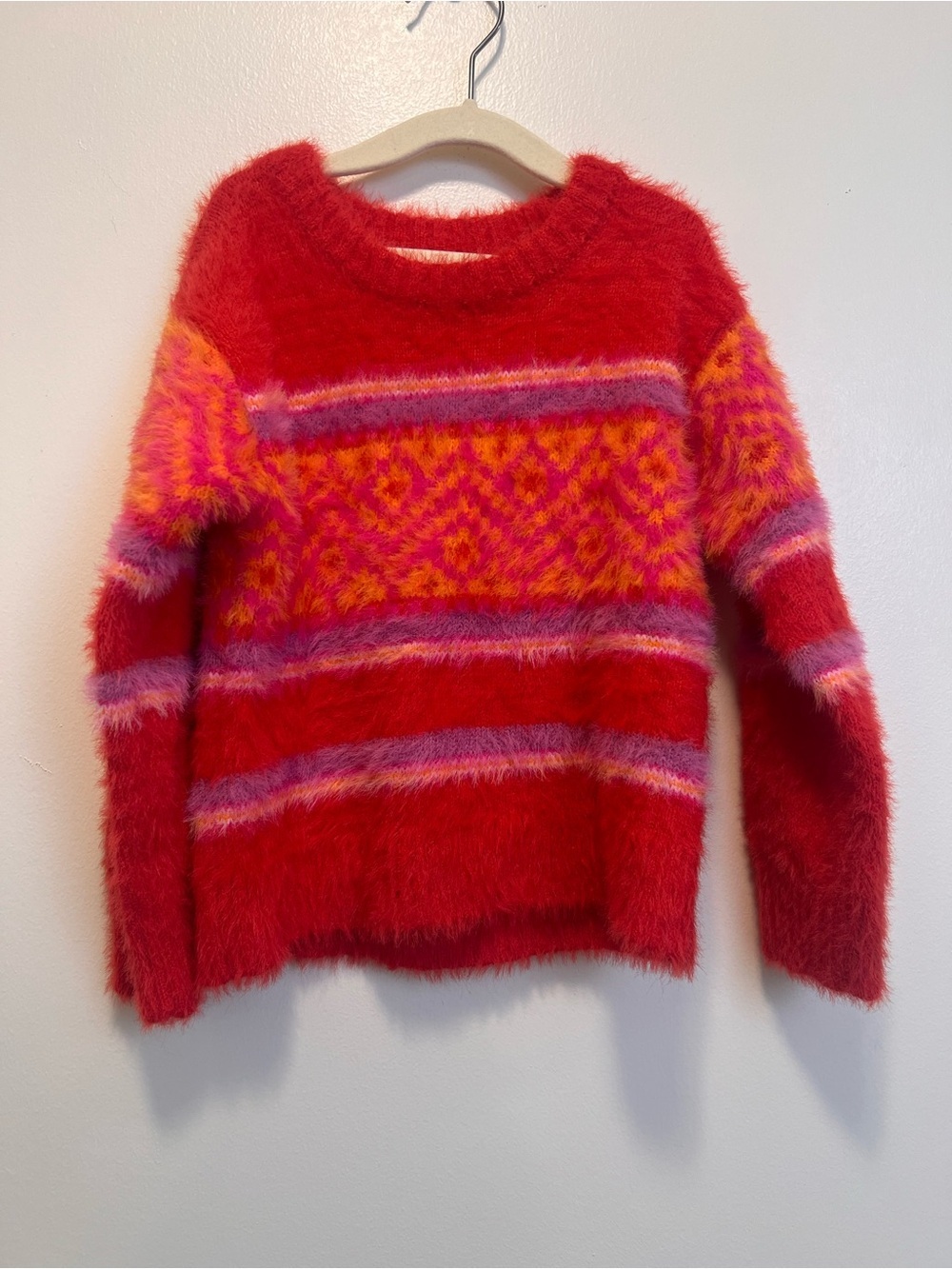 Holiday Lane Girls 4T Fuzzy Fair Isle Sweater Pink Red Eyelash Knit Cozy